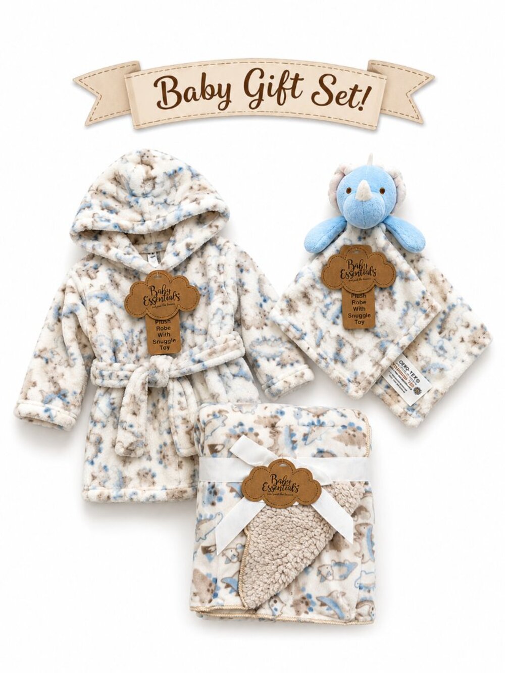 NWT Baby Essentials 3 Piece Baby Boy Gift Set Plush Robe, Dinosaur Lovey Blanket